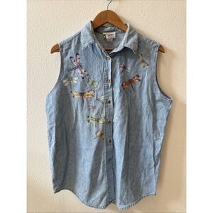 Vintage X Large Womens Denim Dragonfly Shirt Tank Cottage Floral Grandma 90s USA